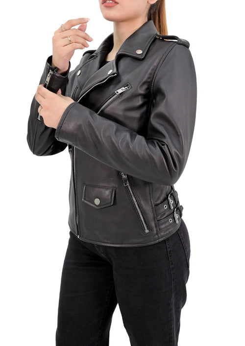 Genuine Leather Women’s Moto Jacket - Classic Biker Style with Thermal Zip-Out Liner