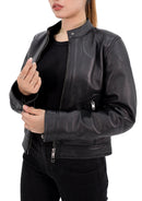 Short Style Leather Motorcycle Jacket Women with Zip Pockets