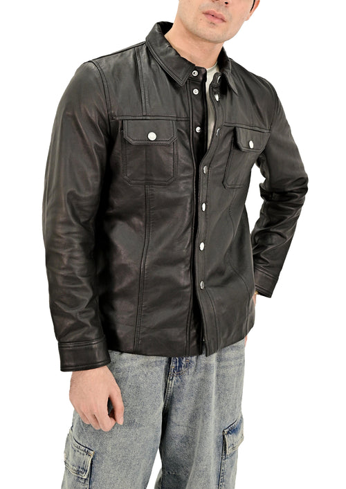 Men’s Classic Shirt-Style Leather Jacket - Genuine Lambskin Smart-Casual Layer