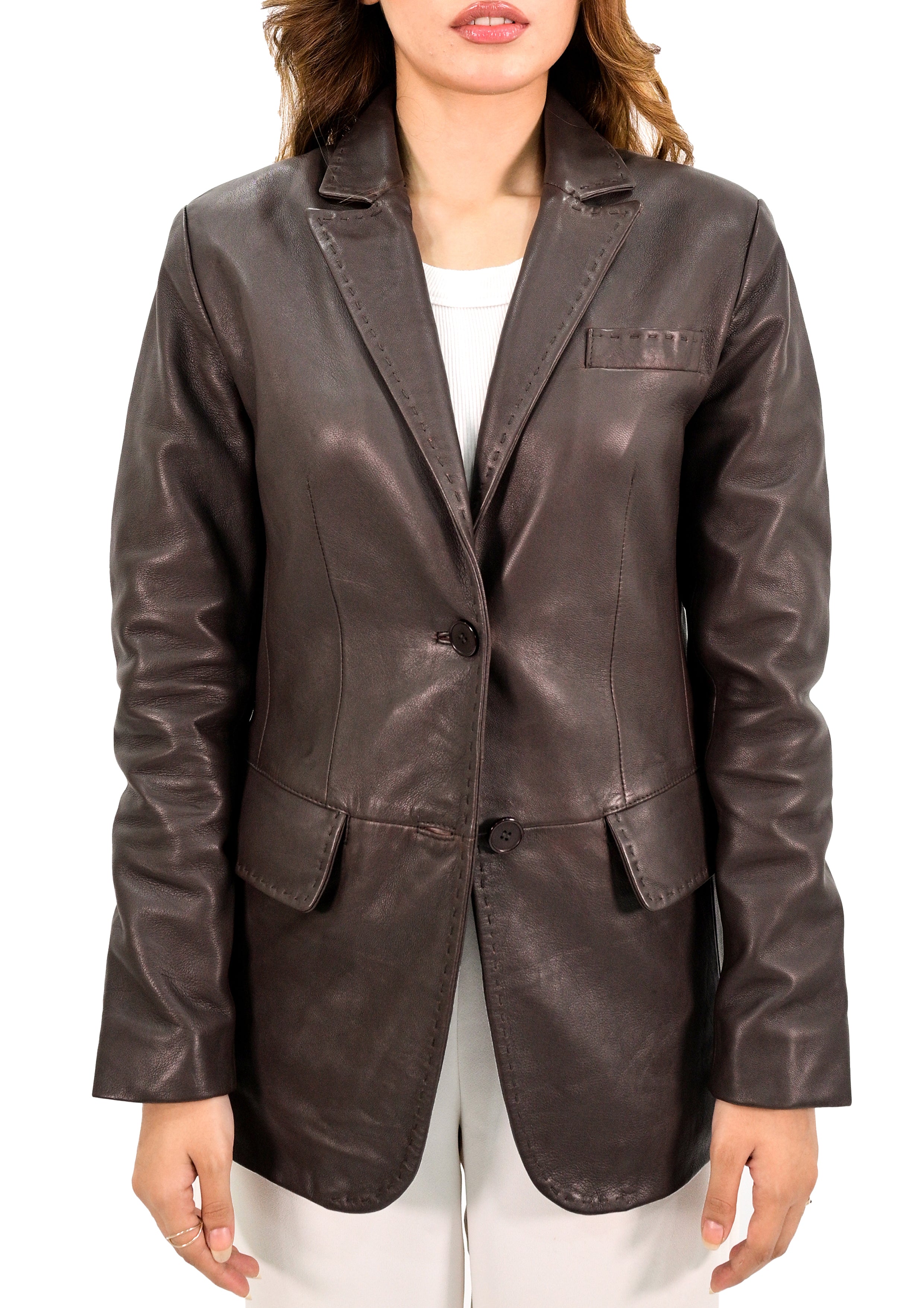 Lambskin Leather Blazer Women With Hand Stitch Thread - Brown