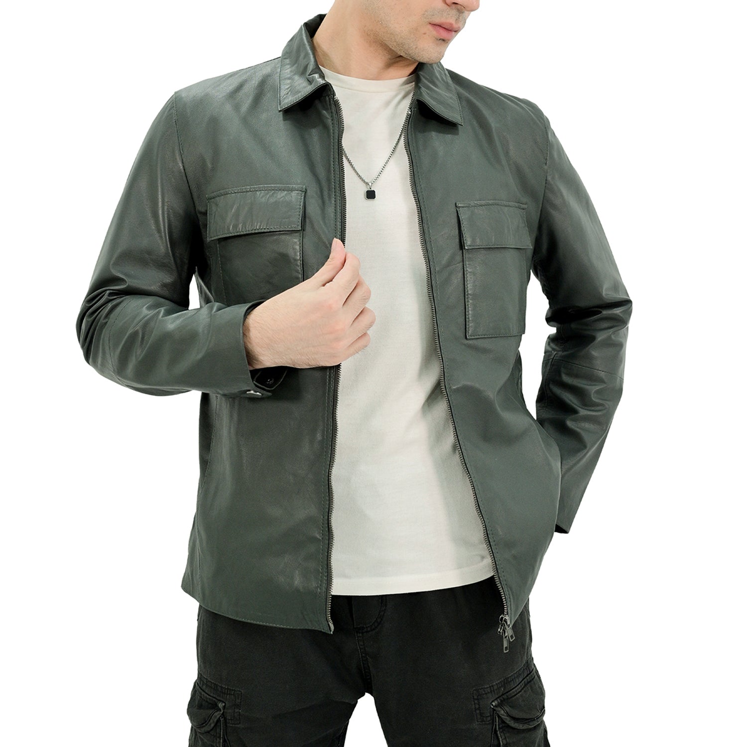 Polo Collar Premium Mens Leather Jacket - Green