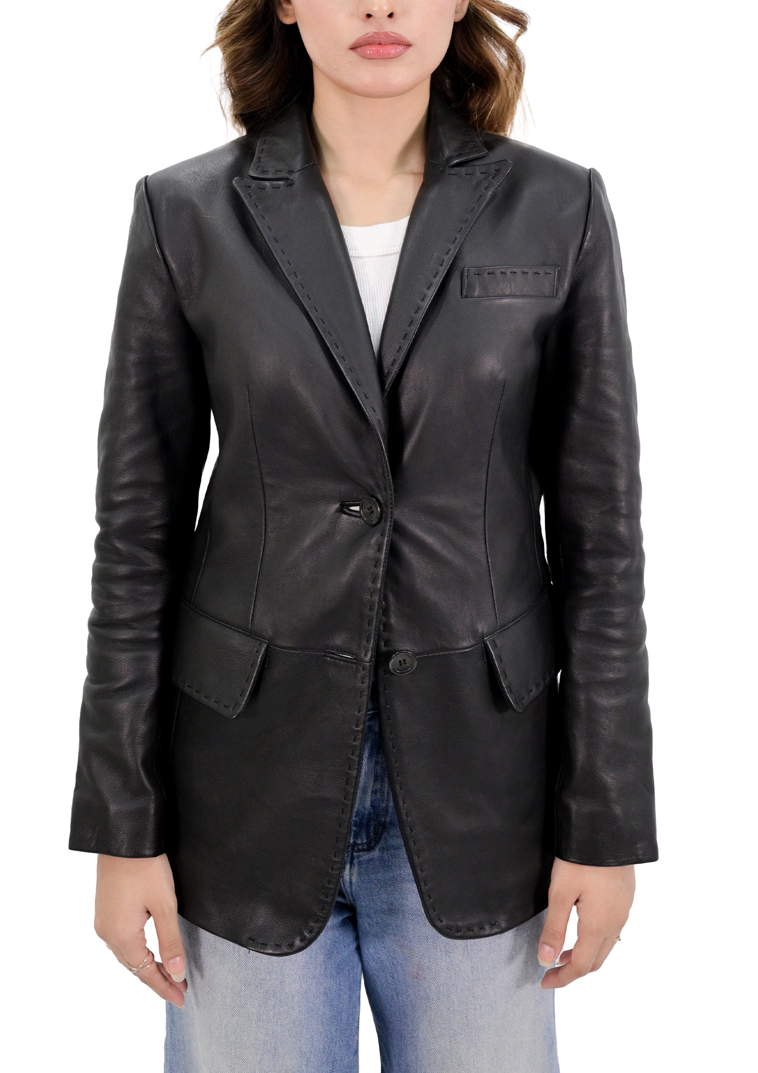 Lambskin Leather Blazer Women With Hand Stitch Thread - Black