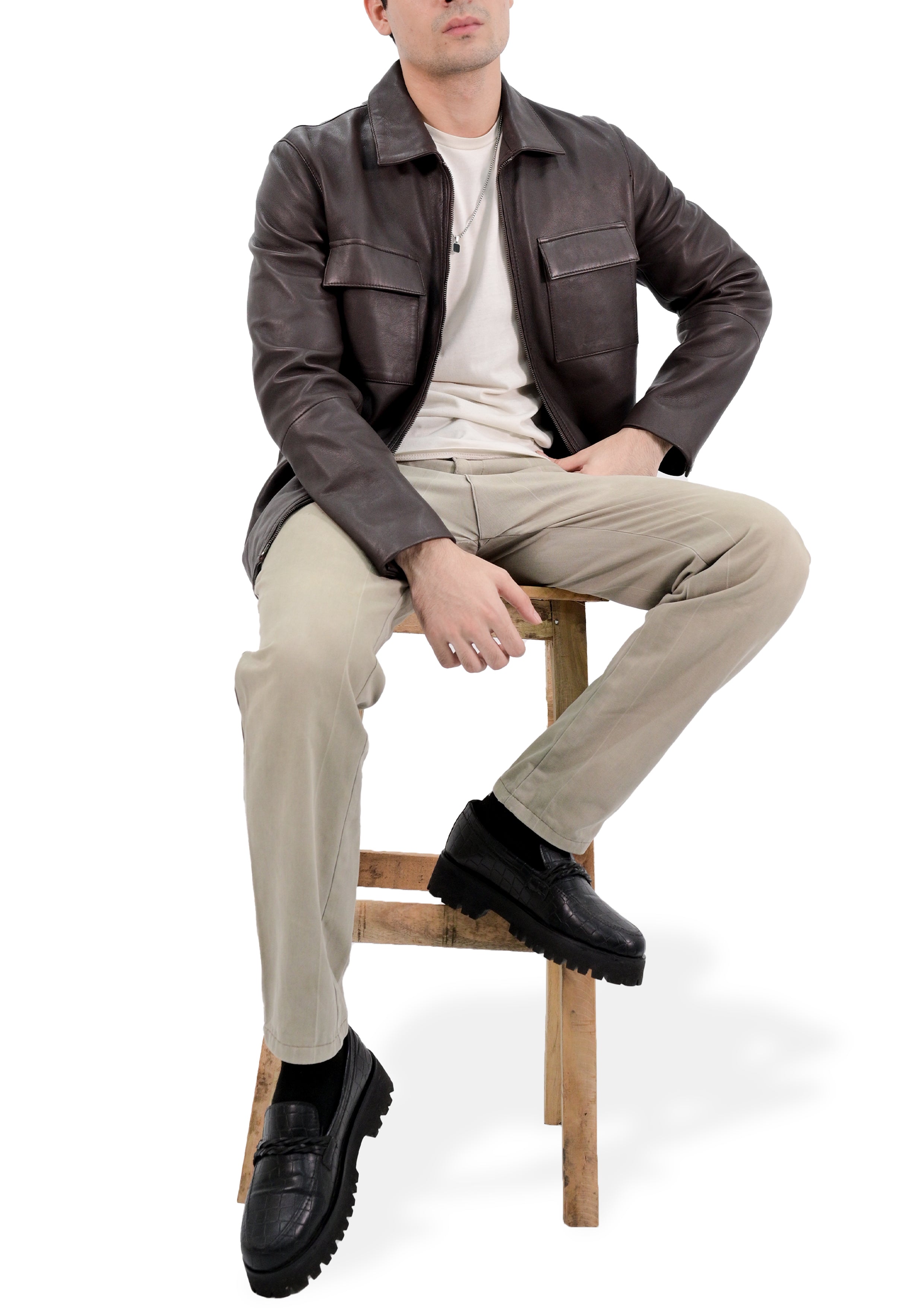 Polo Collar Premium Mens Leather Jacket - Brown