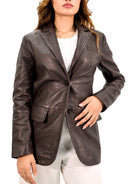 Lambskin Leather Blazer Women With Hand Stitch Thread - Brown