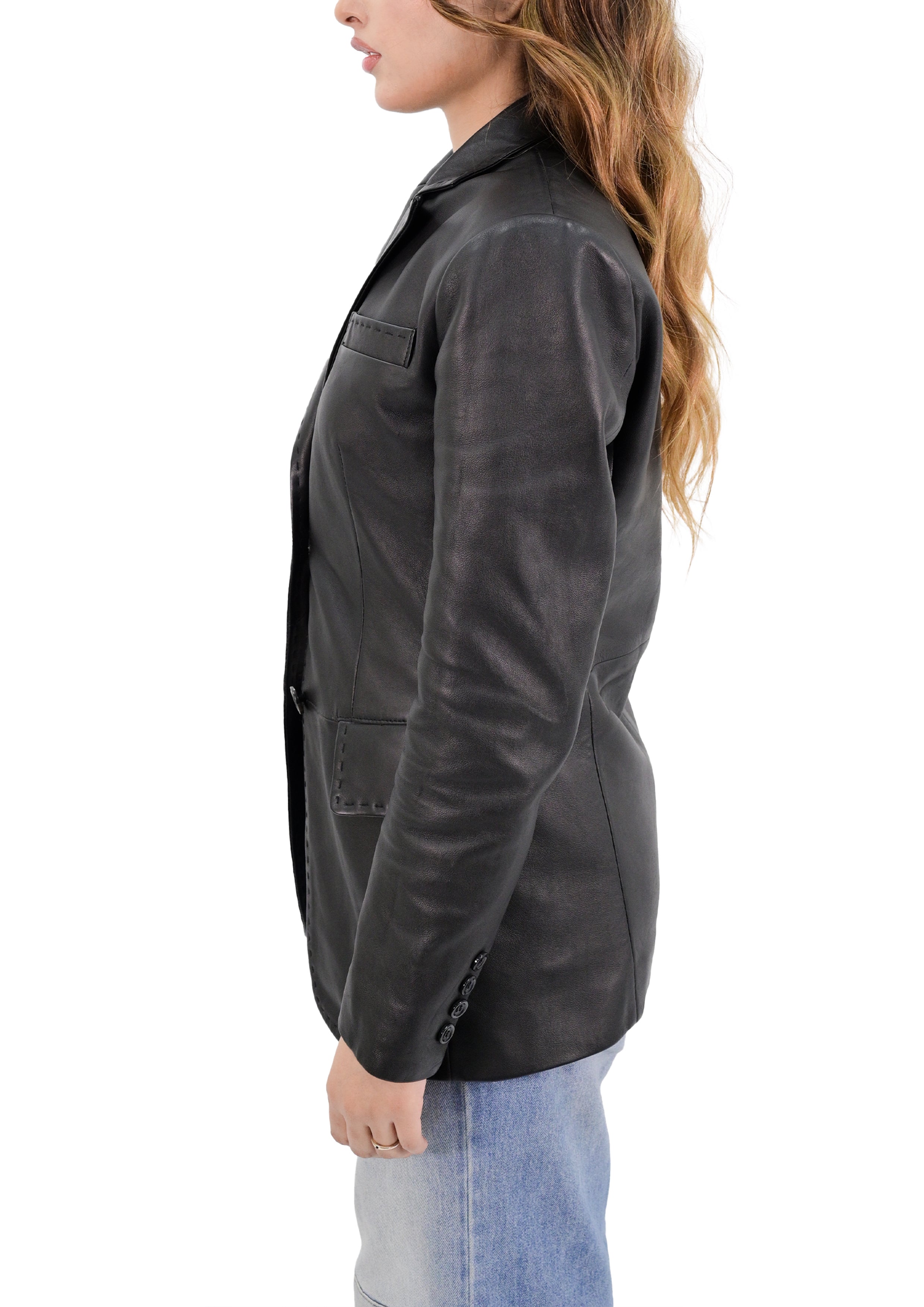Lambskin Leather Blazer Women With Hand Stitch Thread - Black
