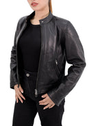 Short Style Leather Motorcycle Jacket Women with Zip Pockets