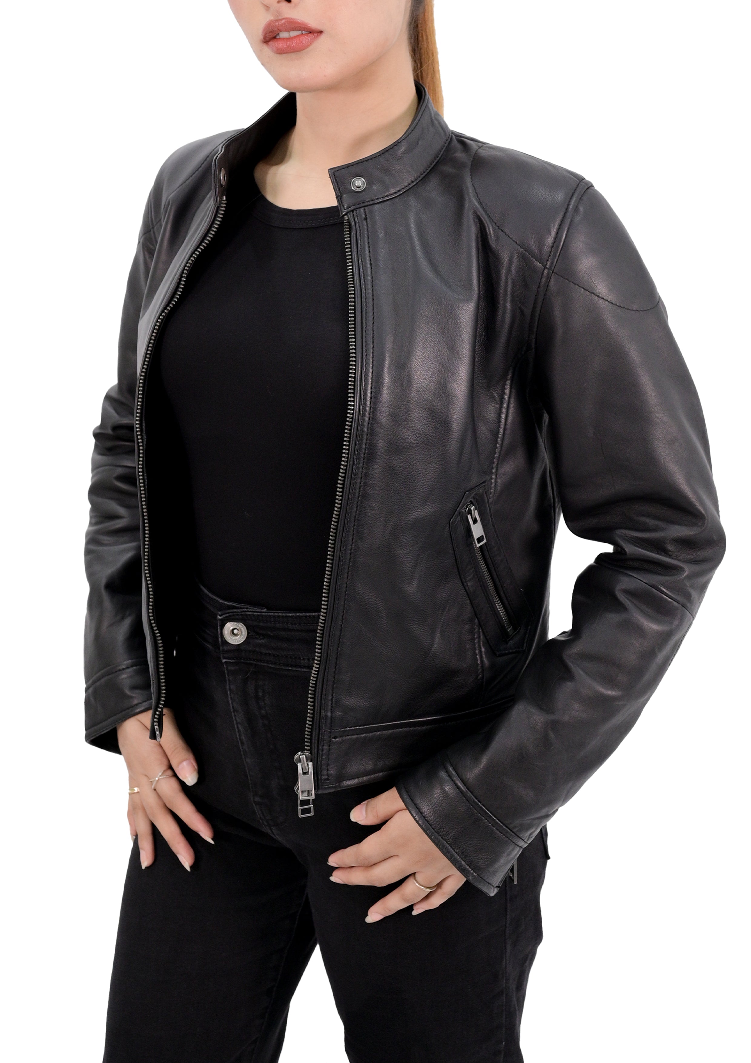 Short Style Leather Motorcycle Jacket Women with Zip Pockets
