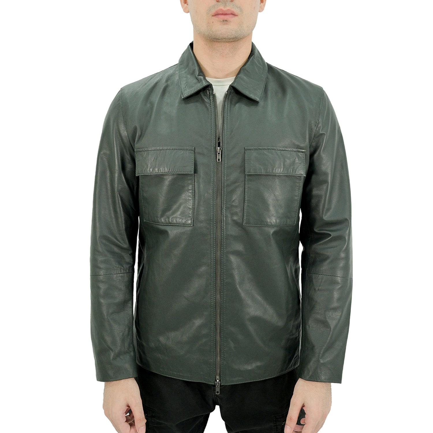 Polo Collar Premium Mens Leather Jacket - Green