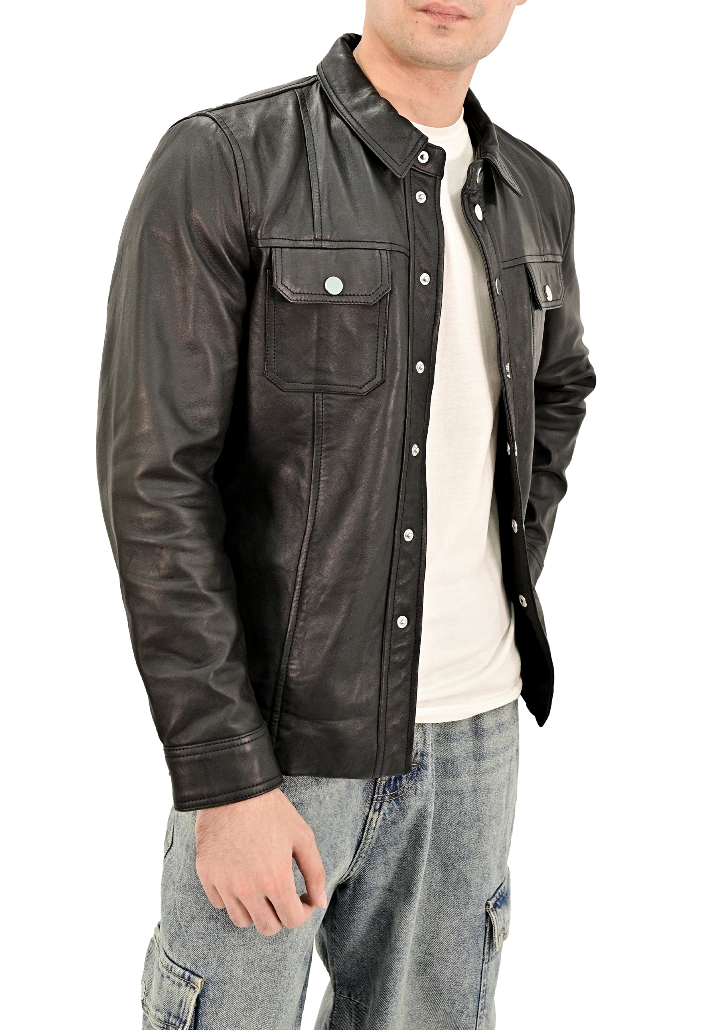 Men’s Classic Shirt-Style Leather Jacket - Genuine Lambskin Smart-Casual Layer