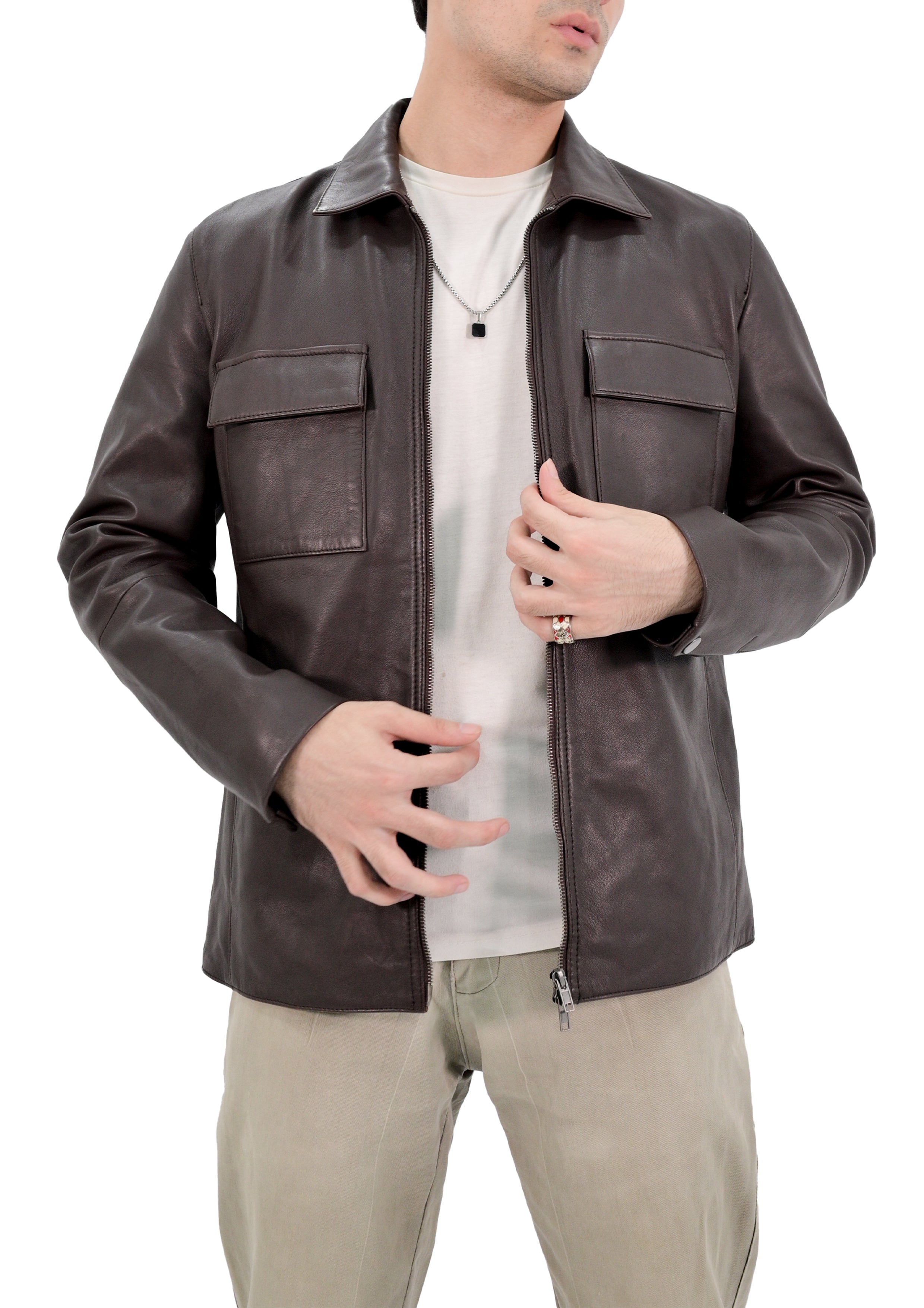 Polo Collar Premium Mens Leather Jacket - Brown