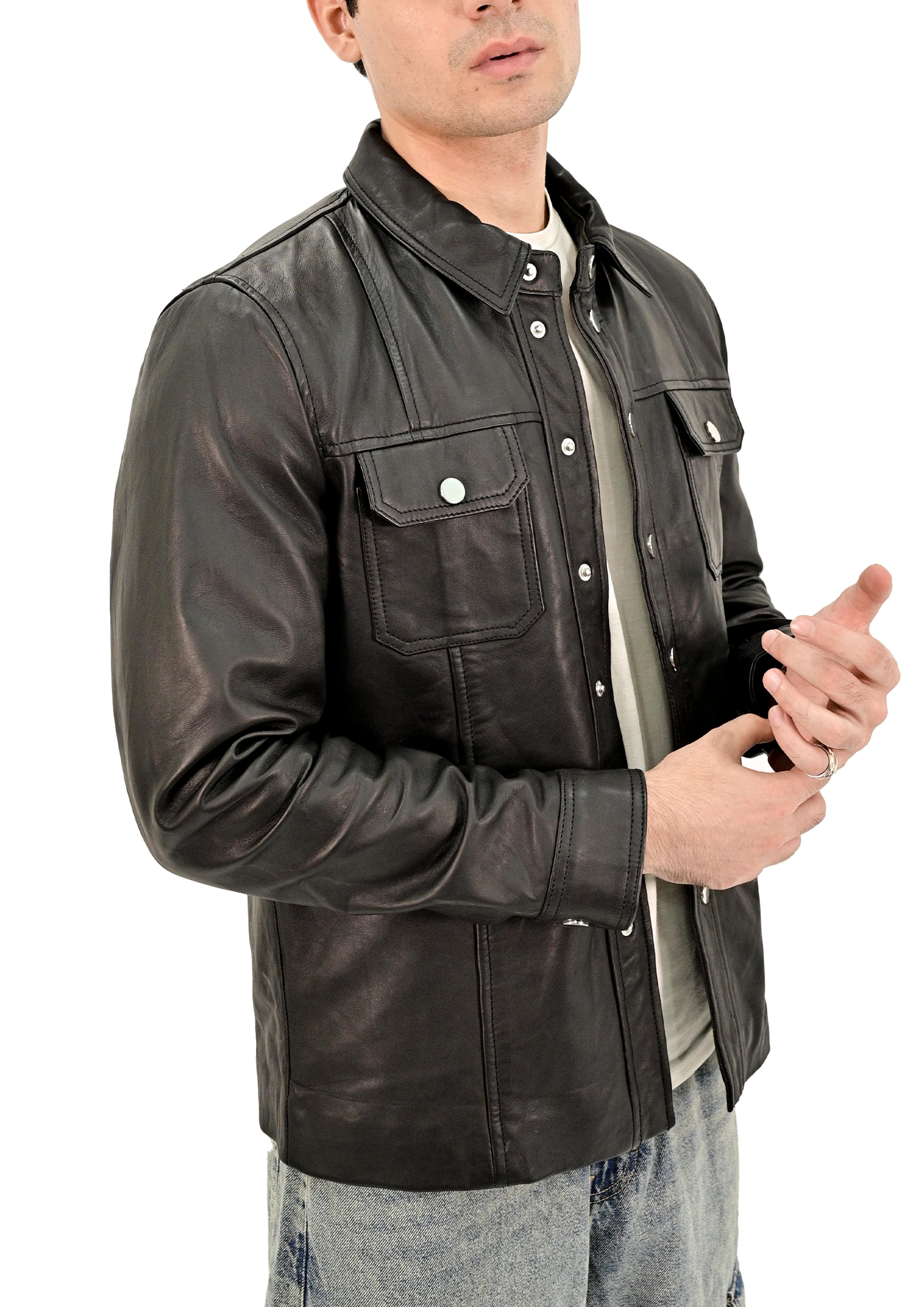 Men’s Classic Shirt-Style Leather Jacket - Genuine Lambskin Smart-Casual Layer