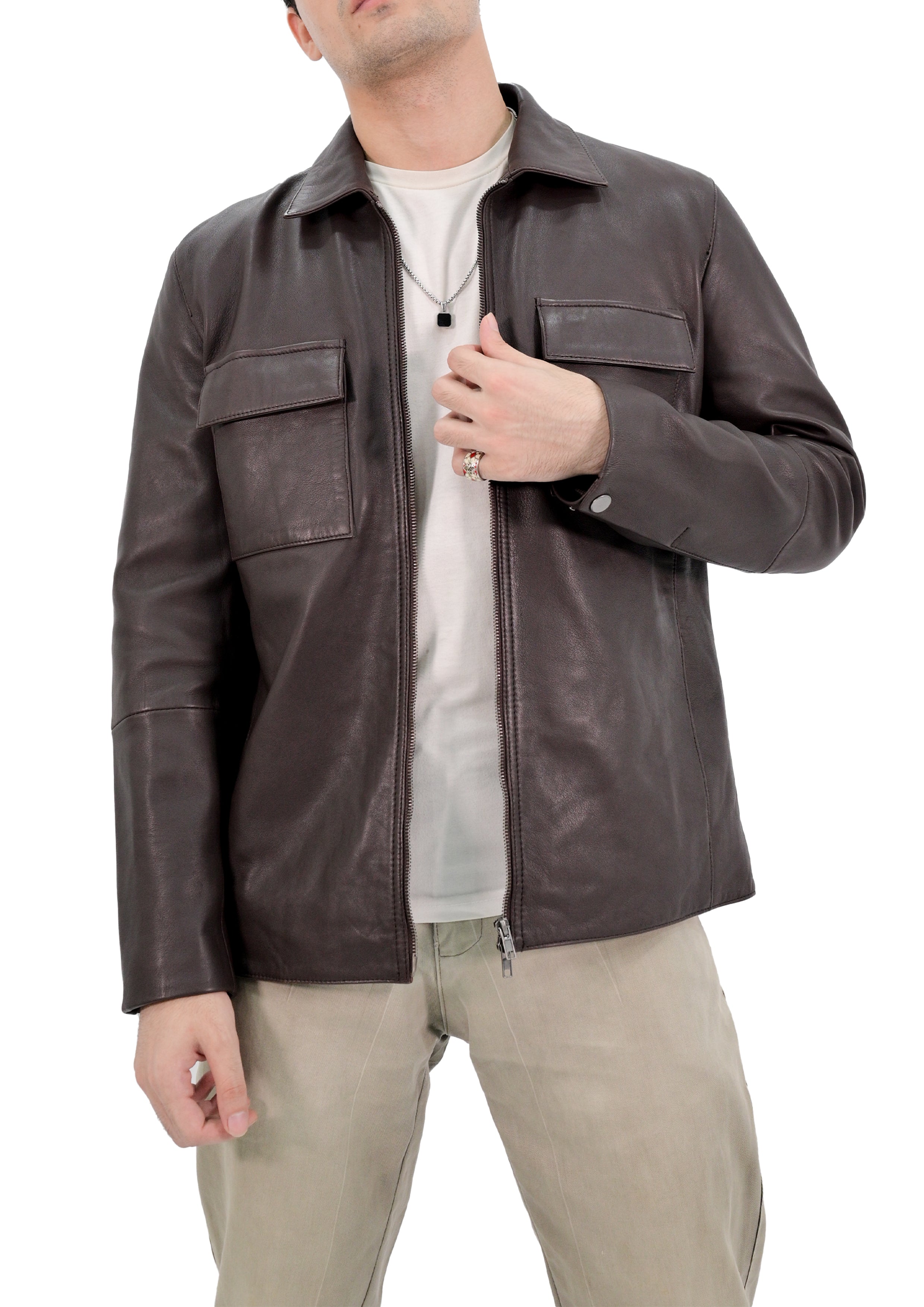 Polo Collar Premium Mens Leather Jacket - Brown
