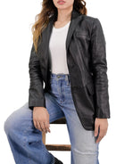 Lambskin Leather Blazer Women With Hand Stitch Thread - Black