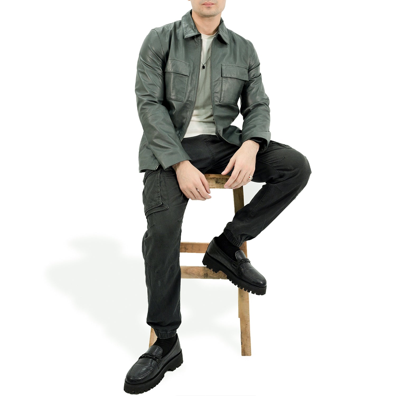 Polo Collar Premium Mens Leather Jacket - Green