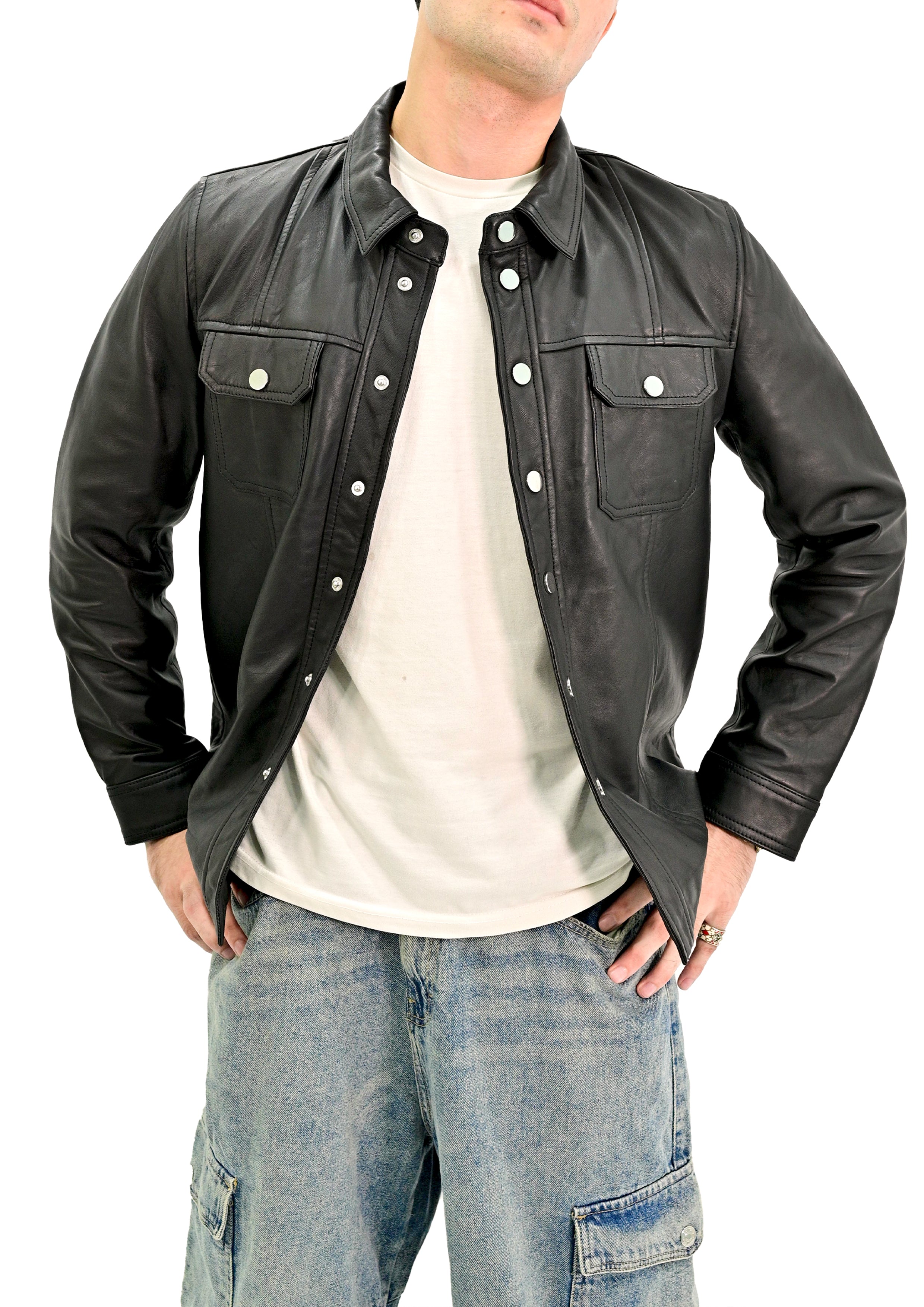Men’s Classic Shirt-Style Leather Jacket - Genuine Lambskin Smart-Casual Layer