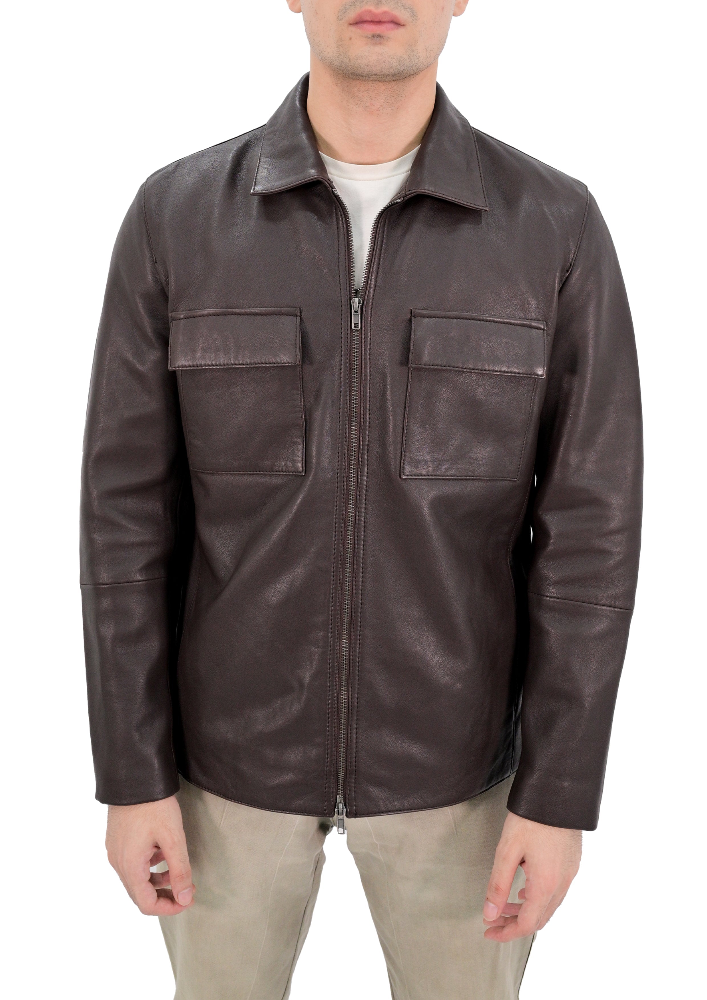 Polo Collar Premium Mens Leather Jacket - Brown
