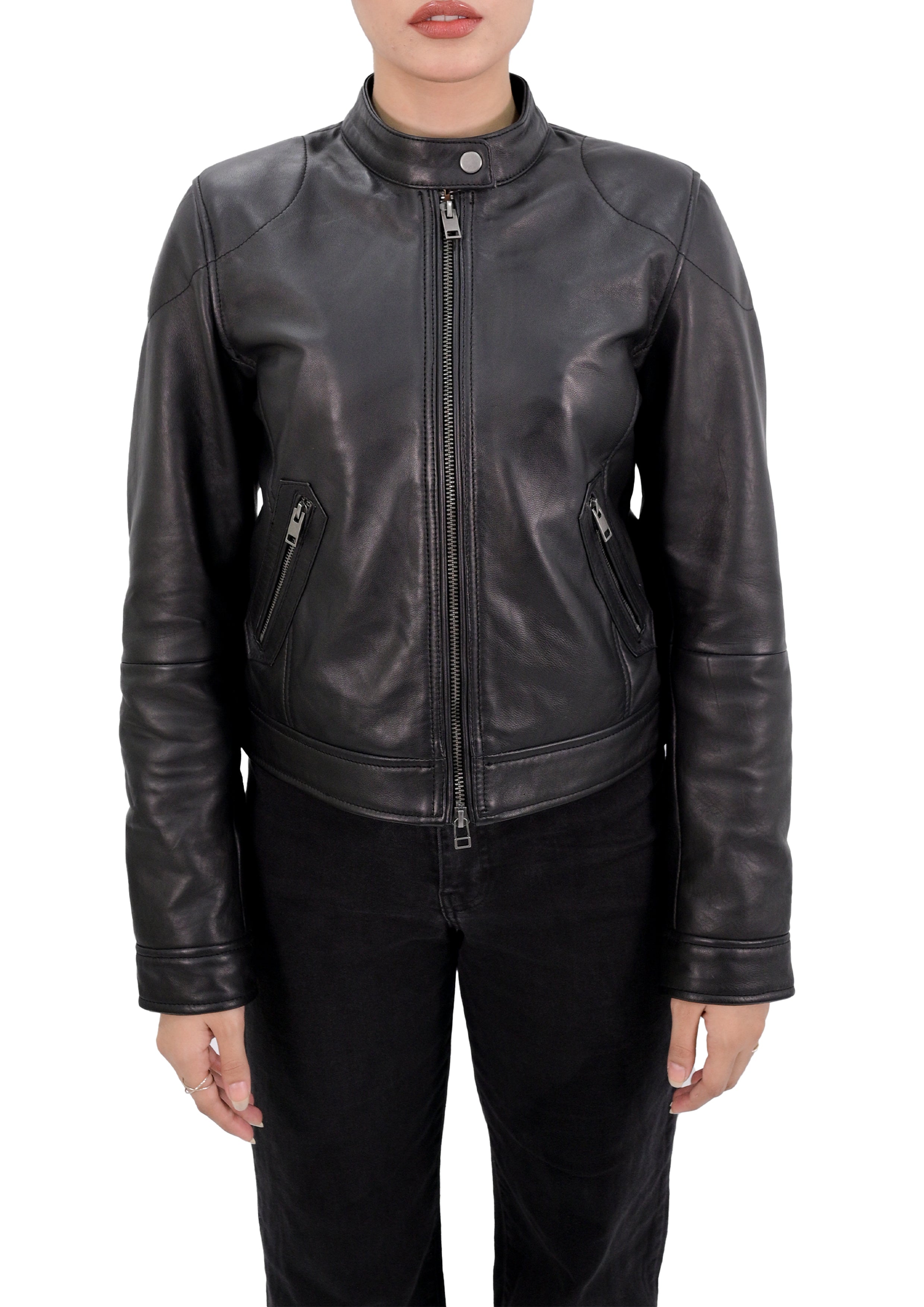 Short Style Leather Motorcycle Jacket Women with Zip Pockets