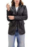 Lambskin Leather Blazer Women With Hand Stitch Thread - Black