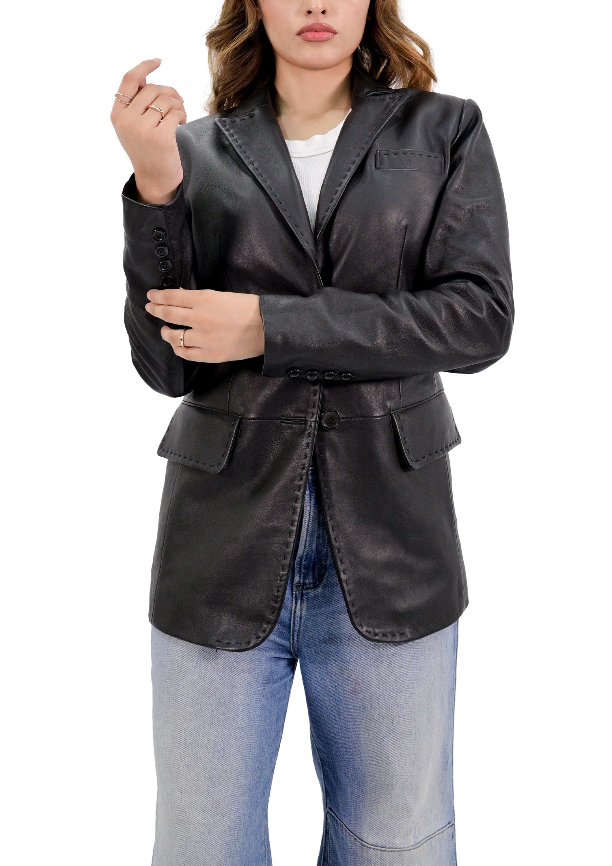 Lambskin Leather Blazer Women With Hand Stitch Thread - Black