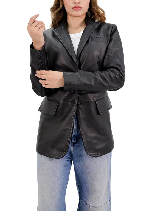 Lambskin Leather Blazer Women With Hand Stitch Thread - Black