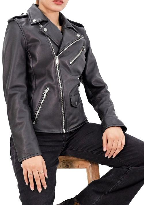 Genuine Leather Women’s Moto Jacket - Classic Biker Style with Thermal Zip-Out Liner