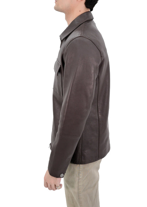 Polo Collar Premium Mens Leather Jacket - Brown