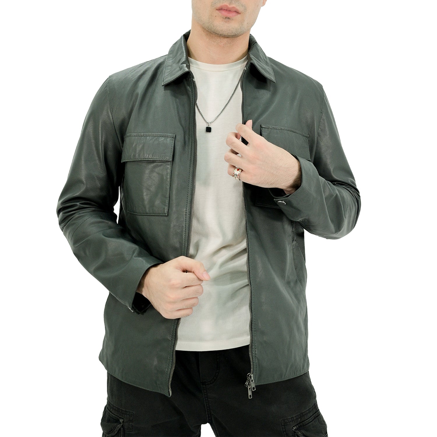 Polo Collar Premium Mens Leather Jacket - Green