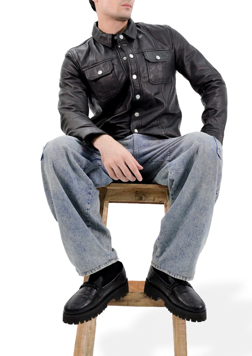 Men’s Classic Shirt-Style Leather Jacket - Genuine Lambskin Smart-Casual Layer