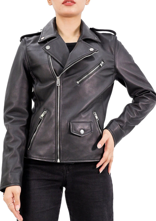 Genuine Leather Women’s Moto Jacket - Classic Biker Style with Thermal Zip-Out Liner