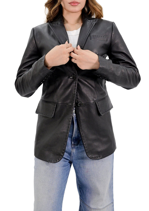 Lambskin Leather Blazer Women With Hand Stitch Thread - Black