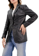 Lambskin Leather Blazer Women With Hand Stitch Thread - Black