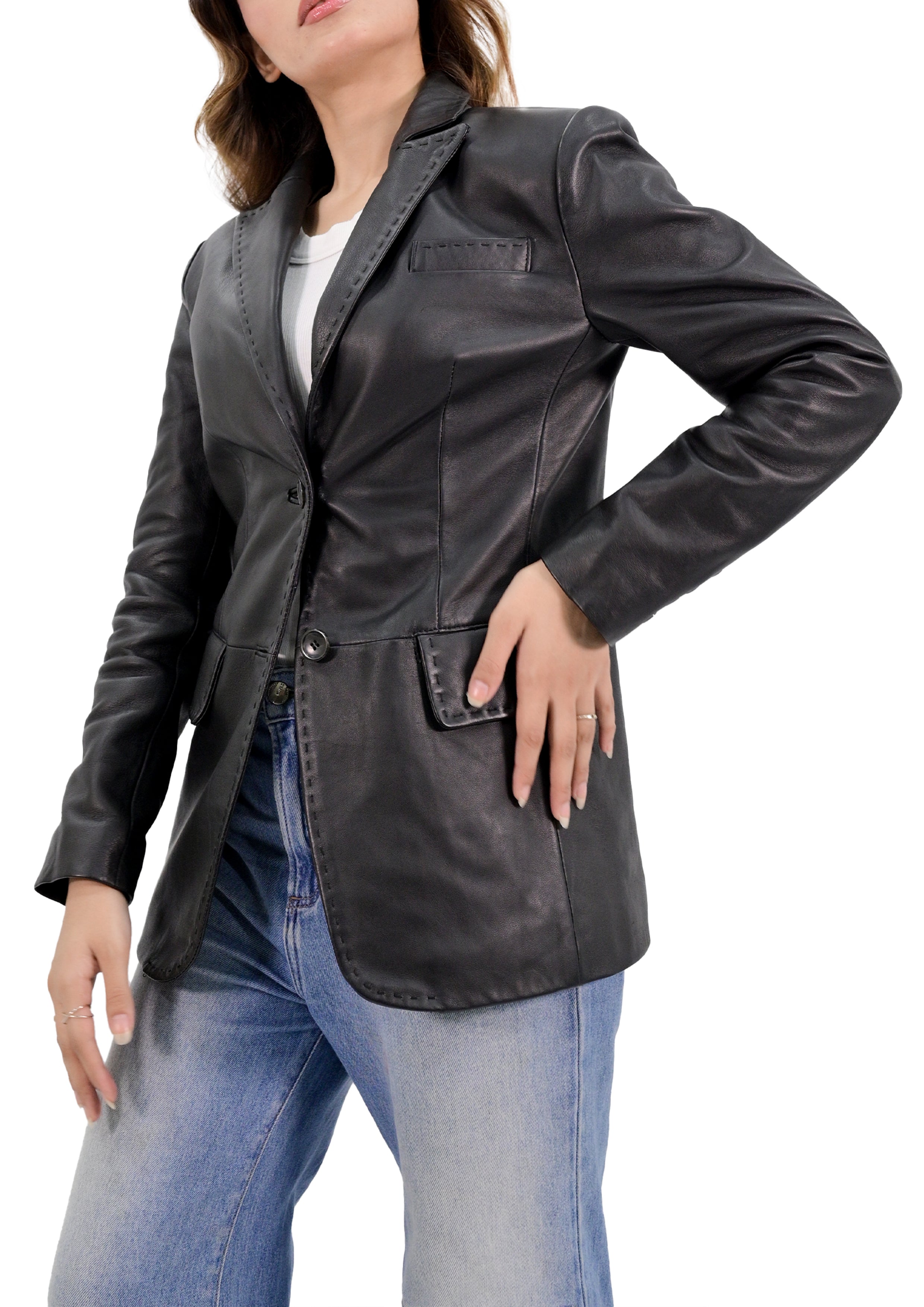 Lambskin Leather Blazer Women With Hand Stitch Thread - Black