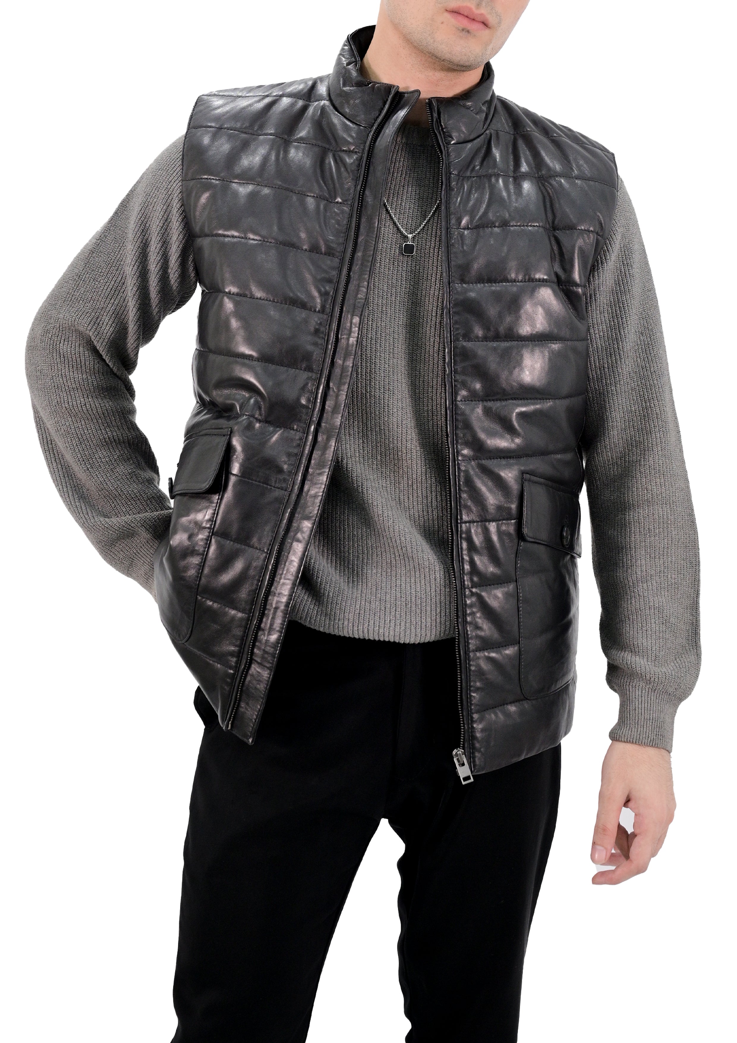 Quilted Leather Puffer Gilet Jacket
